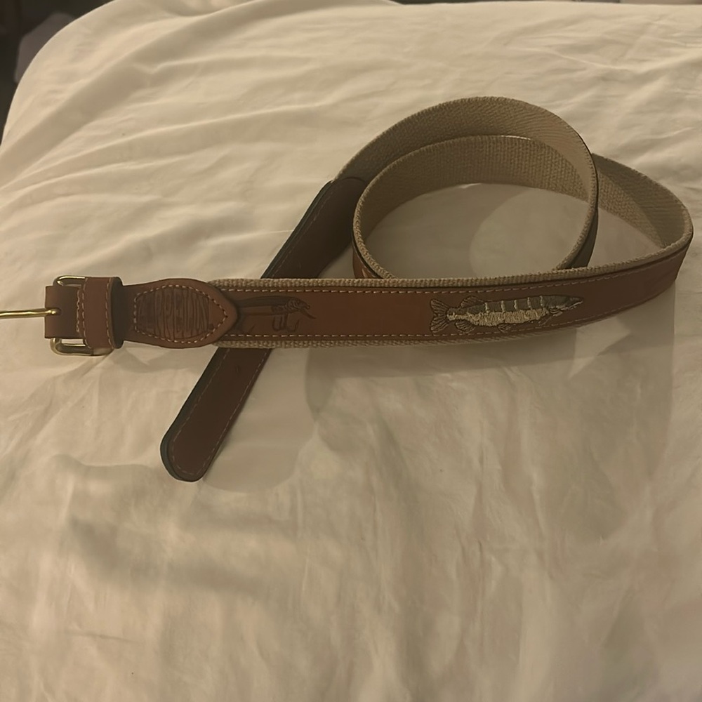 Zeppelin Mens 47” Leather Belt Fishing Boat Embroidered Colored Fish 42 USA